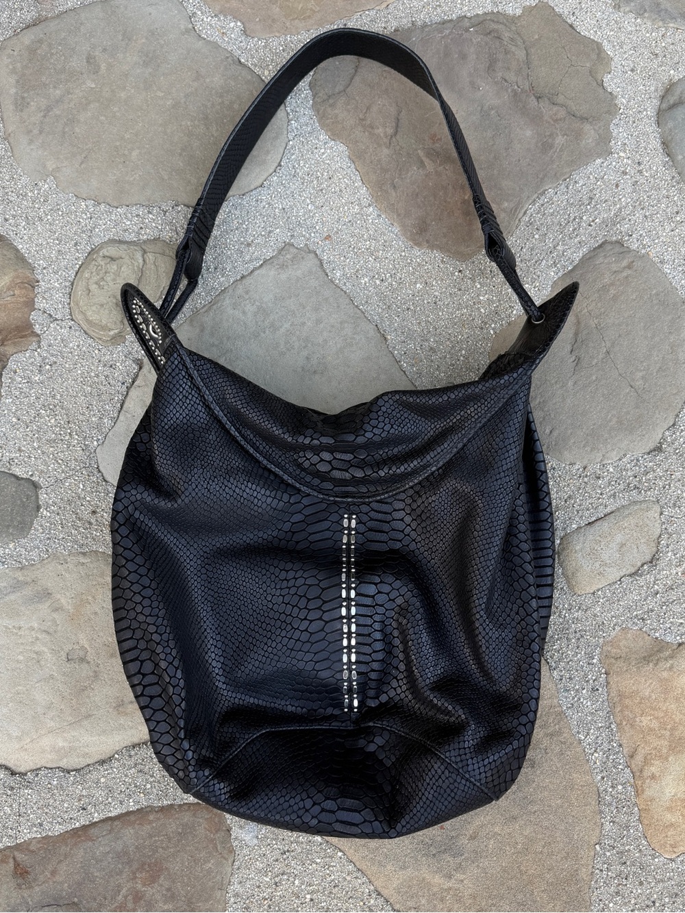Calleen Cordero Black Leather Snake-Texture Rocker Chic Hobo Bag